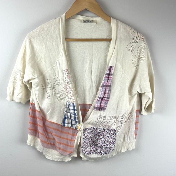 Water Wood Sweaters - Water Wood Cream Boho Mixed Media Patchwork Short Sleeve Cardigan Large